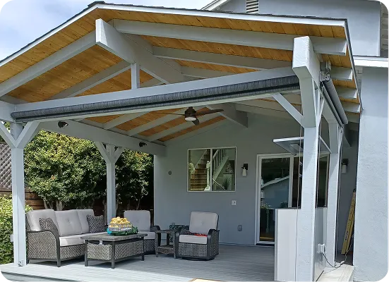 Custom wood-covered deck and outdoor living space in Coronado, San Diego.